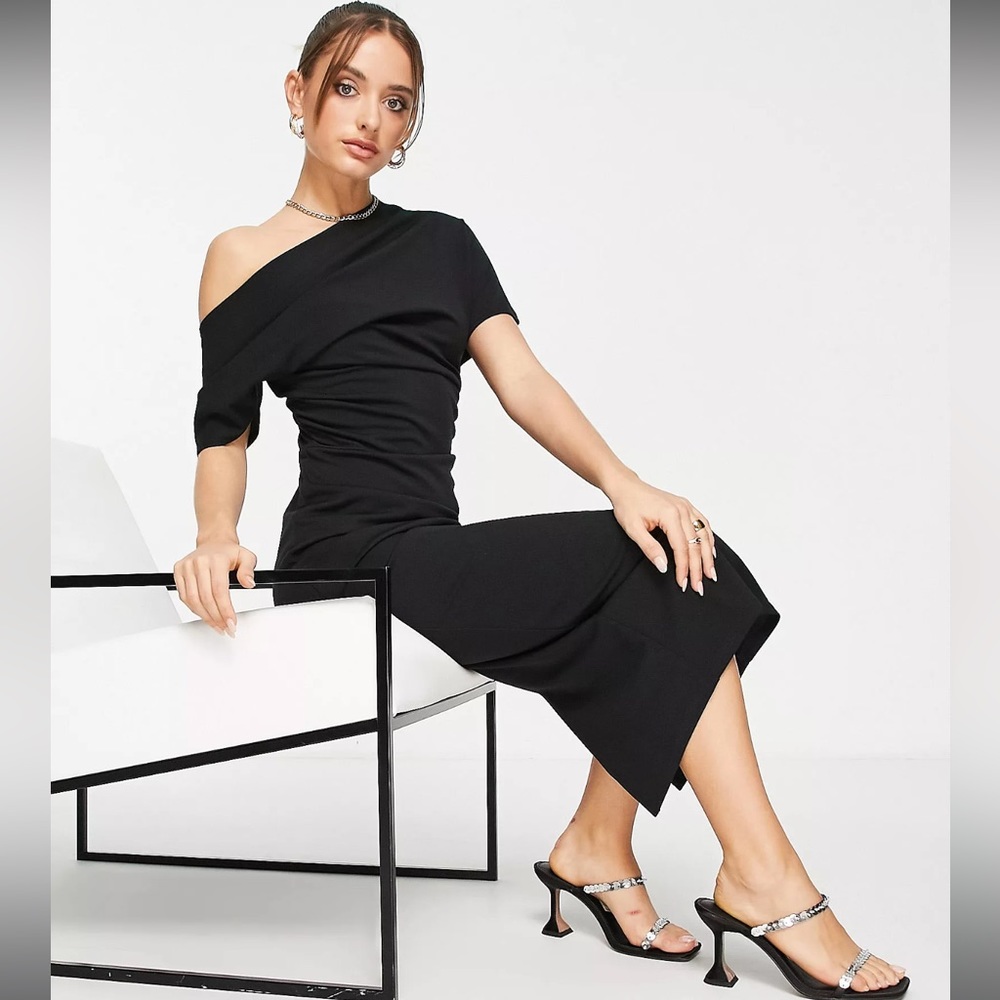 ASOS DESIGN pleated shoulder pencil dress in black